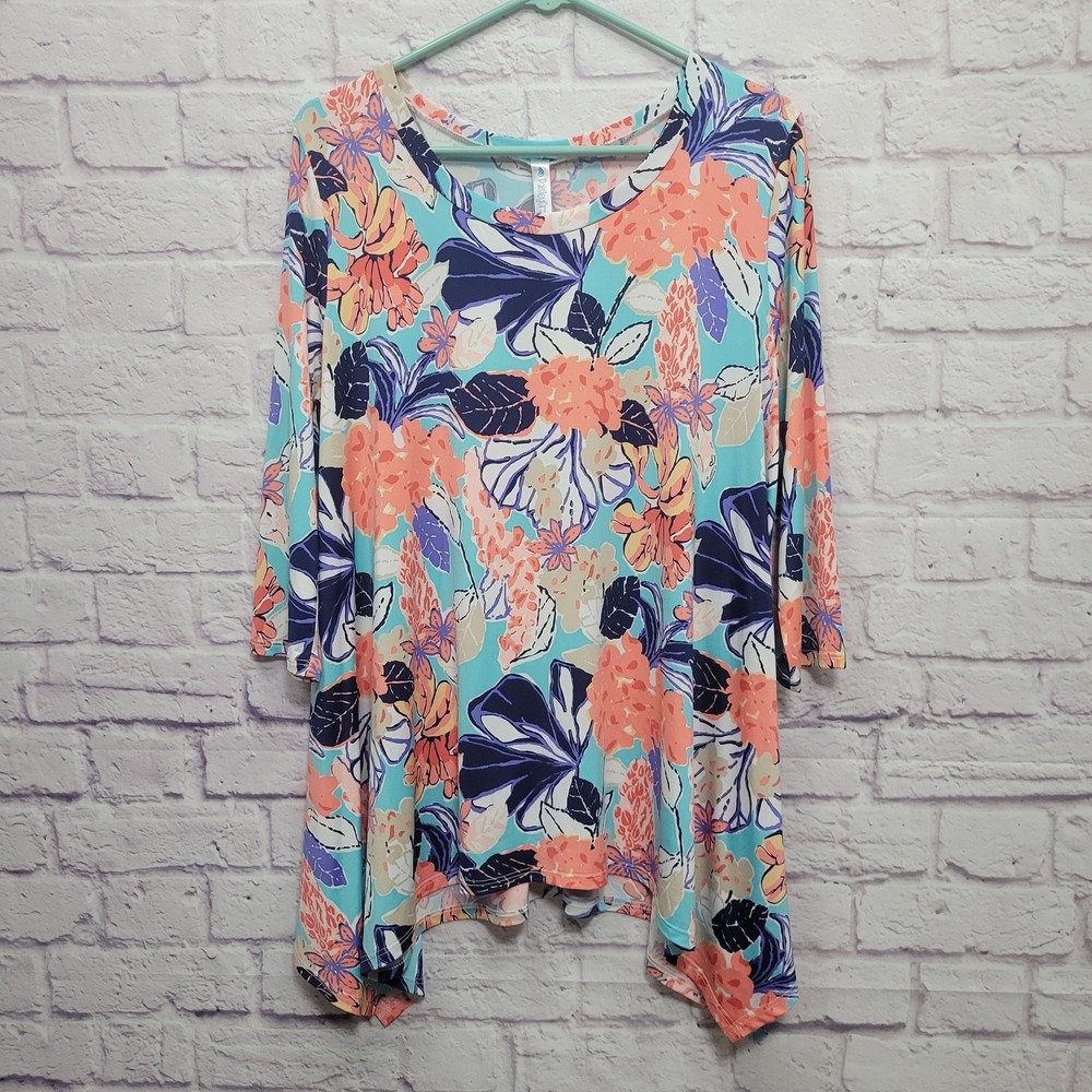 NEW‎ Paisley Grace Bold Floral Tunic Top Womens L Coral Daze Tropical Resortwear